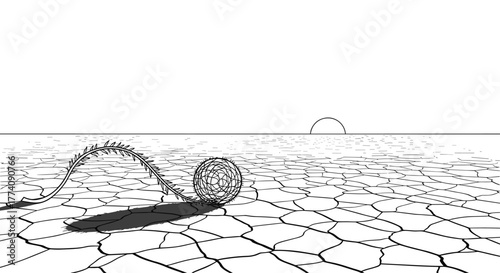 Dramatic tumbleweed rolling across cracked desert landscape under scorching sun, conveying desolation and resilience in stark monochrome
