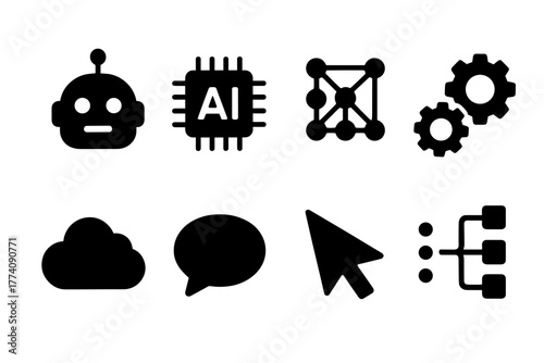 Collection of Black Icons Representing Artificial Intelligence Machine Learning Cloud Computing Communication and Data Processing on a White Background