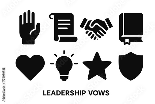 Collection of leadership vows icons including hand scroll handshake book heart light bulb star and shield on black background with text leadership vows