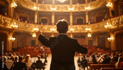 Orchestra conductor directing musicians in ornate theater representing art, discipline, tradition and collective performance in cultural musical heritage