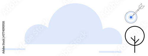 Simplistic blue cloud, black minimalistic tree, and dartboard with arrow. Ideal for environment, goals, strategy, connectivity, technology planning sustainability. Uses simple flat metaphor