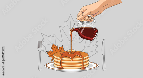 Pouring sweet maple syrup on stack of delicious pancakes for a hearty breakfast, autumn leaf and butter for added flavor, mouthwatering food concept