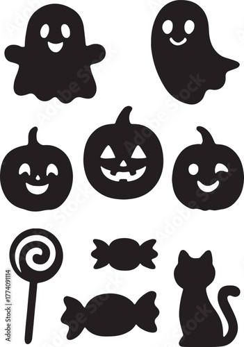 cute Halloween silhouette set for kids, miling pumpkins, and fun candy shapes, “Trick or Treat!” “Sweet & Spooky”  “Little Monsters Unite”