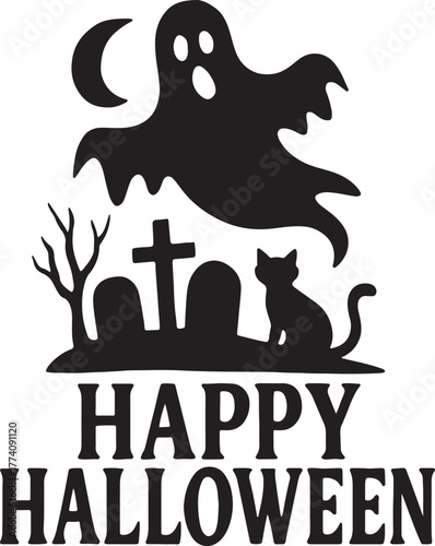 spooky graveyard Halloween greeting silhouette, tombstones, crescent moon, and a watchful cat, Restless Spirits, Moonlit Mischief, Beware the Shadows. 
