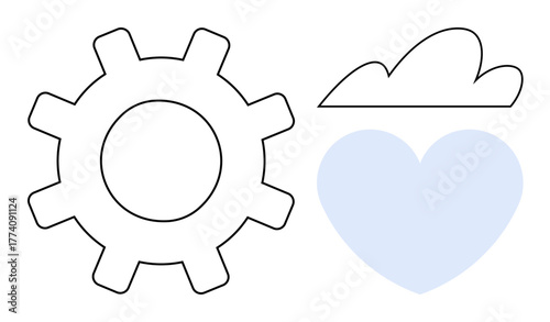 Minimalist gear, cloud, and heart representing technology, connection, and care. Ideal for technology, innovation, teamwork, harmony cloud computing emotional intelligence simple flat metaphor
