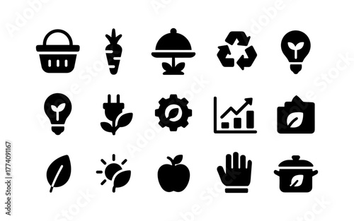 Eco-friendly icons set: sustainable energy, nature, growth symbols in black silhouette style