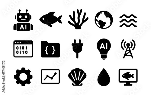 Ai and technology icons set: flat design with nature and digital symbols
