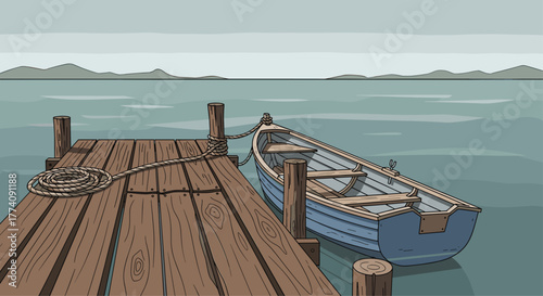 Dreamy lakeside escape featuring a boat gently docked at a rustic wooden pier with serene water views and distant mountains