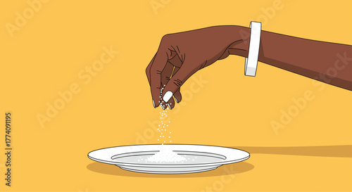 Chef sprinkling salt for perfect seasoning and delicious flavor on dish with stylish white bracelet against vibrant background