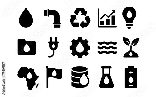 Eco-friendly energy and sustainability icons set in black silhouette style