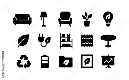 Minimalist home and eco icons set for sustainable living and interior decor