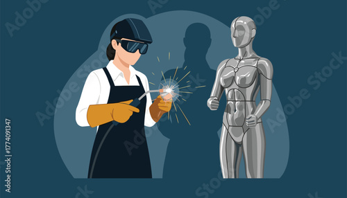Crafting the future a skilled welder creates a modern robot prototype with precision welding in a futuristic workshop setting providing innovation