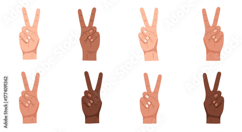 Diverse hands showing the peace sign, promoting unity and understanding across different ethnicities for global harmony and positive change