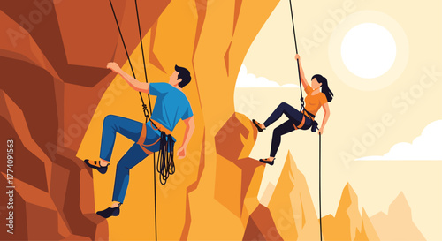 Dynamic climbers conquering rocky peak under sunny skies, achieving fitness goals with strength and teamwork, inspiring adventure and healthy lifestyle