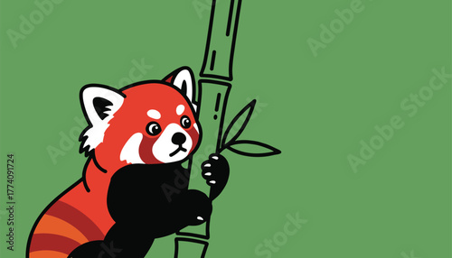 Adorable red panda climbing bamboo stalk against a vibrant green background, perfect for children's designs and educational content, so cute