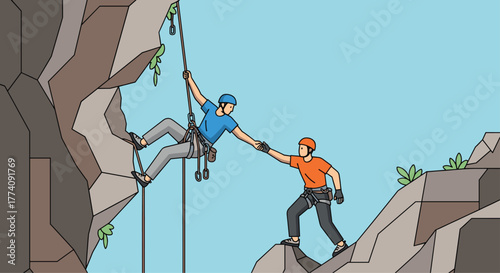 Dynamic illustration of teamwork and support as rock climber helps fellow climber reach summit, showcasing trust and adventure