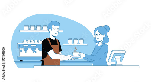 Friendly barista serves steaming hot coffee to smiling customer at modern cafe counter with espresso machine