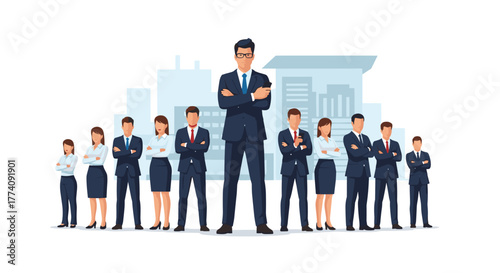 Confident business team stands united with arms crossed, exuding professionalism and success against a modern cityscape backdrop