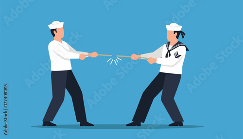 Determined sailors locked in intense tug of war, rope strained to breaking point, symbolizing competition and conflict resolution
