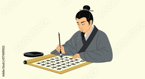 Ancient Chinese scholar meticulously practicing calligraphy on a scroll, embodying tradition and artistic dedication