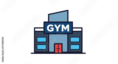 Modern gym building facade with prominent "GYM" signage and inviting red double doors, perfect for health and fitness branding