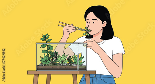 Young woman enjoys fresh herbs from her terrarium, a vibrant symbol of sustainable living and urban gardening