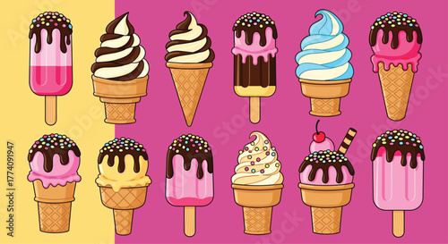 Vibrant collection of delicious ice cream treats and popsicles perfect for summer promotions and joyful designs