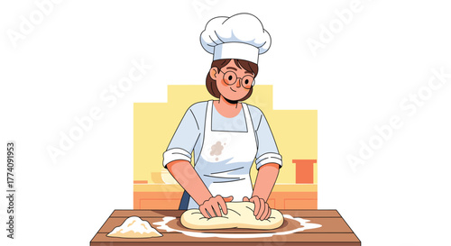 Joyful baker expertly kneads dough, creating delicious bread in a bright, inviting kitchen setting