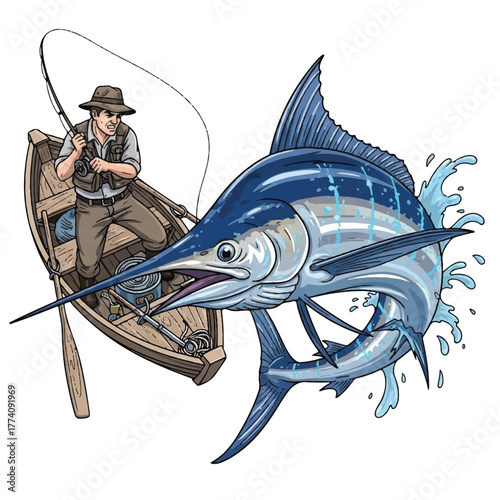 A lone fisherman balancing on a rustic wooden boat, battling a legendary blue marlin