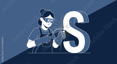 Skilled female welder creating bright sparks while crafting a large metallic letter S, symbolizing industry and precision in manufacturing