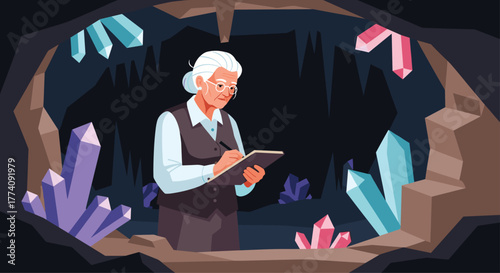 Dedicated scientist diligently documents stunning crystal formations discovered within a dark, mysterious cavern environment