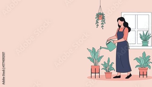 Woman tending to lush indoor plants with a watering can, creating a serene home oasis
