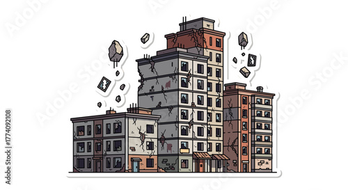 Collapsing apartment buildings show severe damage from disaster event with debris falling