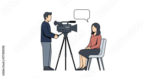 Professional cameraman films woman during interview session in bright modern studio creating engaging media content