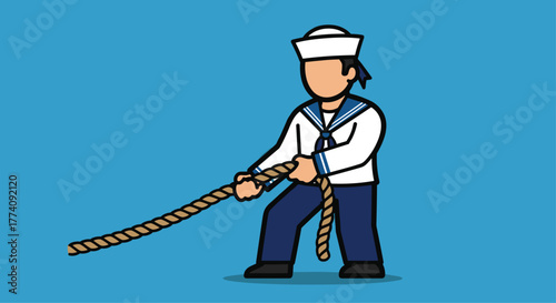 Determined sailor in classic uniform pulls rope with all might, symbolizing strength and teamwork in maritime endeavors