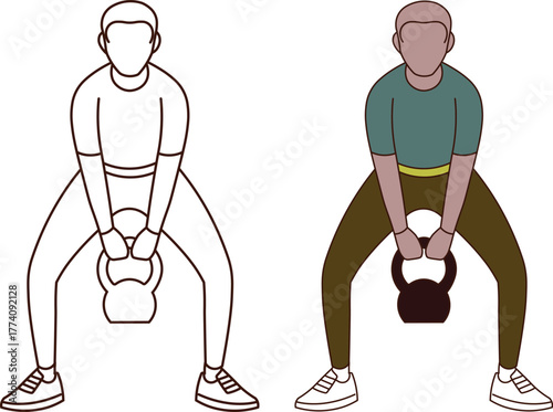 Vector Illustration of a Man Performing Kettlebell Squat Exercise for Fitness Training