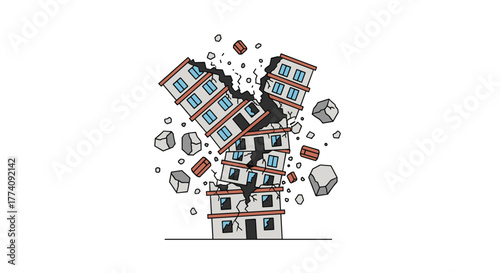Devastated apartment building crumbling during intense earthquake with debris flying everywhere
