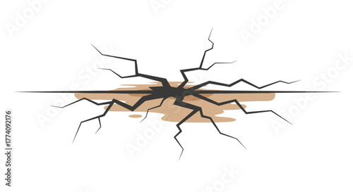 Dramatic deep crack spreads across surface with earthy spill suggesting disaster or breakthrough