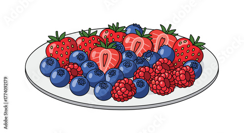 Vibrant plate overflowing with fresh strawberries blueberries and raspberries a healthy and delicious assortment