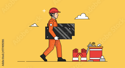 Dedicated construction worker in hard hat carries heavy materials, ready for industrial site tasks