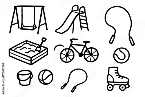 Collection of Hand Drawn Children's Playground and Outdoor Activity Icons Featuring a Swing Set Slide Sandbox Bicycle Jump Rope Balls and Roller Skates in Black Outline on a White Background