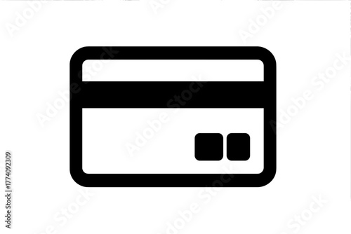 Simple Black And White Icon Representation Of A Credit Card With Rounded Corners And Two Small Squares On The Right Side Against A White Background