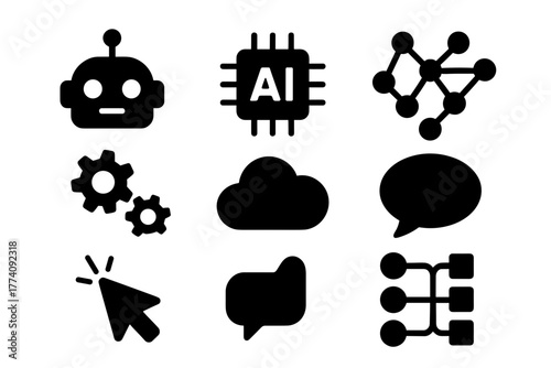 Collection of nine black icons representing artificial intelligence concepts including a robot chatbot AI chip network gears cloud chat bubble mouse cursor megaphone and data flow against a white