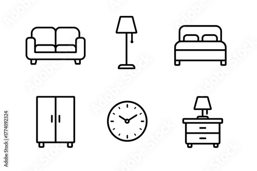 Set of six minimalist black and white line art icons depicting furniture and home decor including a sofa a floor lamp a bed a wardrobe a wall clock and a nightstand against a plain white background
