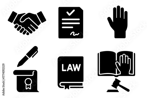 Collection of Legal Icons Representing Handshake Contract Oath Law Book Gavel and Scroll on White Background
