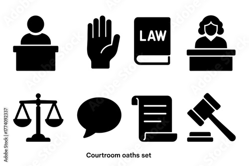 Collection Of Legal And Justice Icons Featuring A Gavel Scales Of Justice A Law Book A Judge And A Hand Silhouette Against A White Background