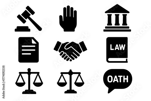 Set Of Nine Justice Related Icons Including Gavel Document Scales And Law Book In Black Color On White Background
