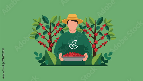 Farmer proudly displays freshly harvested coffee cherries surrounded by lush plants, symbolizing organic agriculture and sustainable sourcing