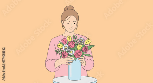 Joyful woman arranging vibrant bouquet of roses tulips and daisies in a light blue vase celebrating nature's beauty and simple pleasures