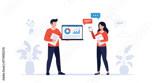 Confident business professionals collaborating with data charts and mobile communication in a modern office setting